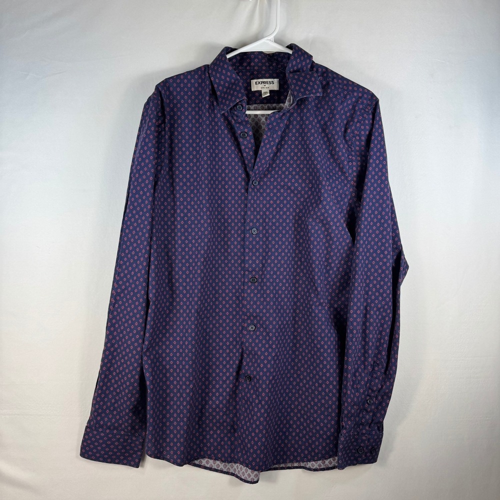 Express Extra Slim Navy Blue Burgundy Geometric Diamond Print Cotton Shirt L